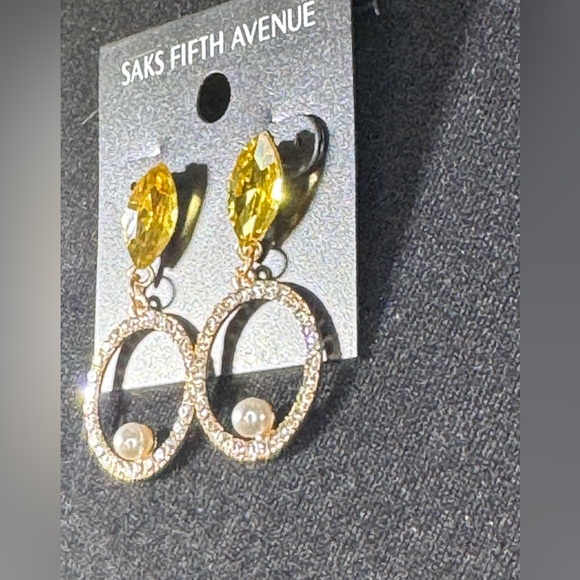 Saks Fifth Ave Yellow Marquis Crystal Post Drop Pave Crystal Circle w/Faux Pearl - Picture 8 of 8